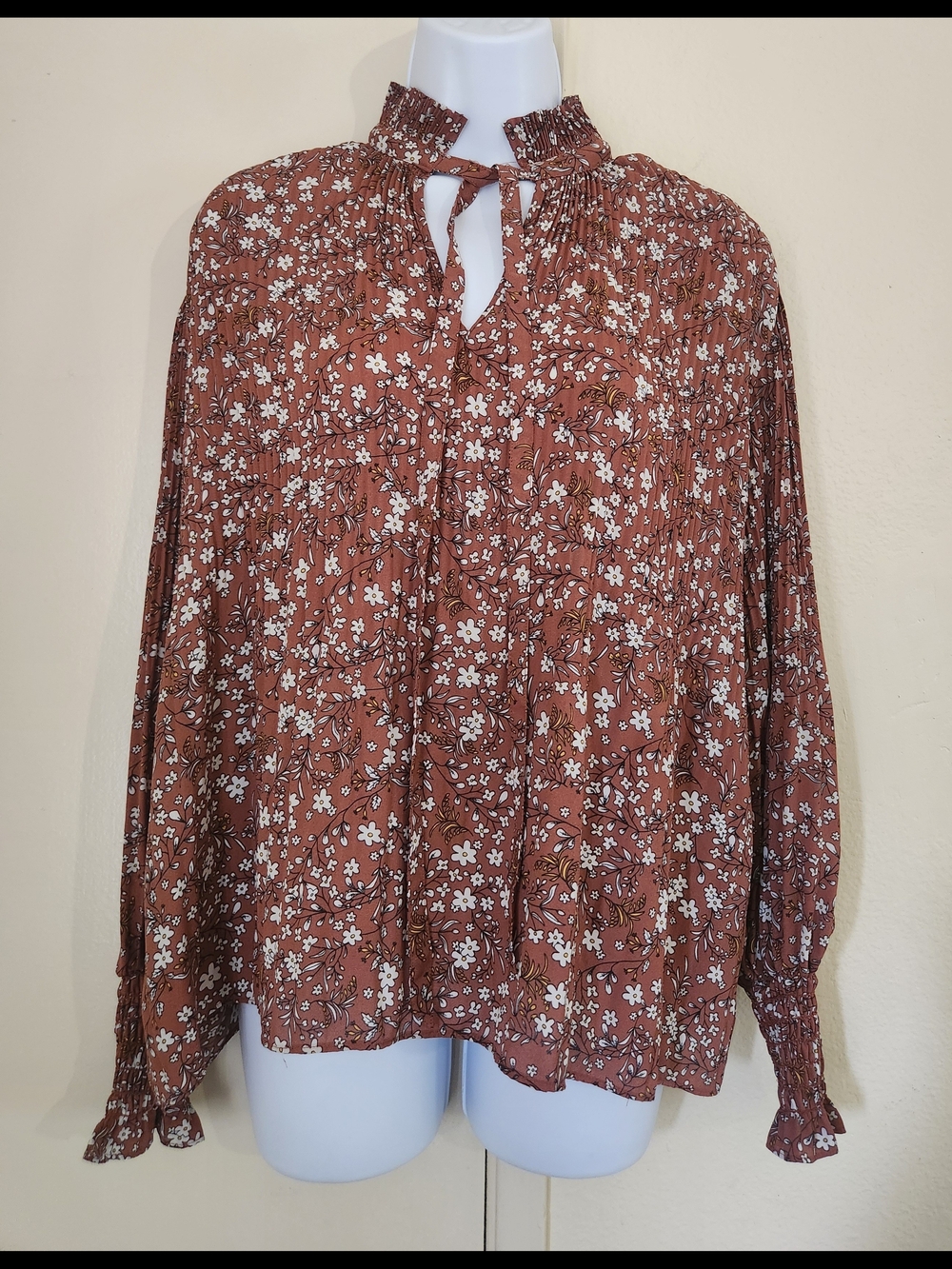 Max Studio Rust Floral Smocked Tie-Neck Blouse